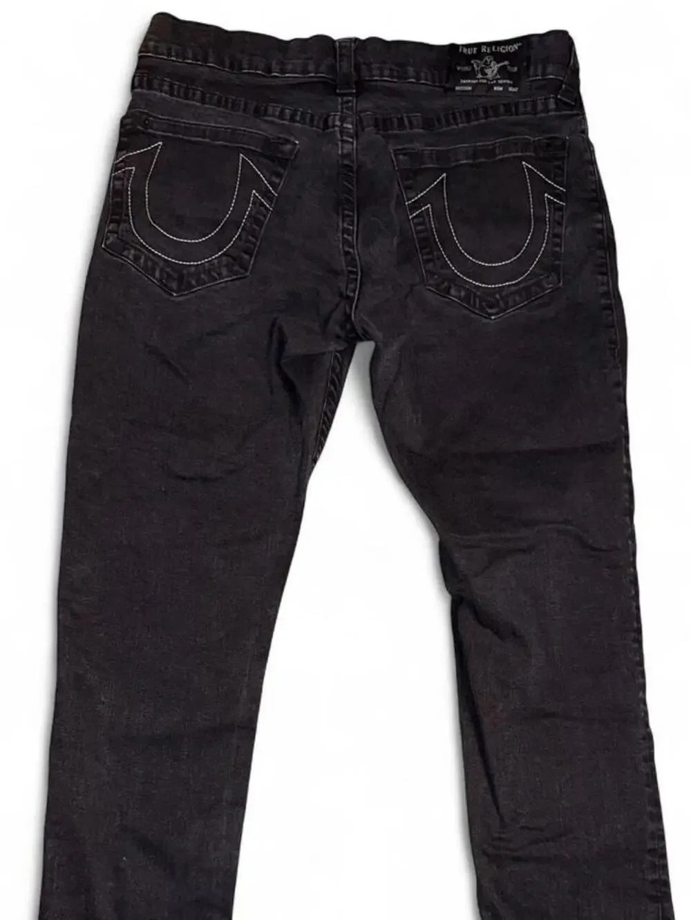 True Religion Men's geno relaxed slim Black Grey Jeans sz 38 white logo stitch